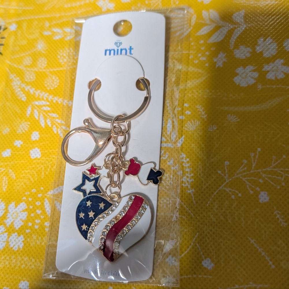 Heart and Star Keychain Or Bag Charm with Red, White, and Blue Accents